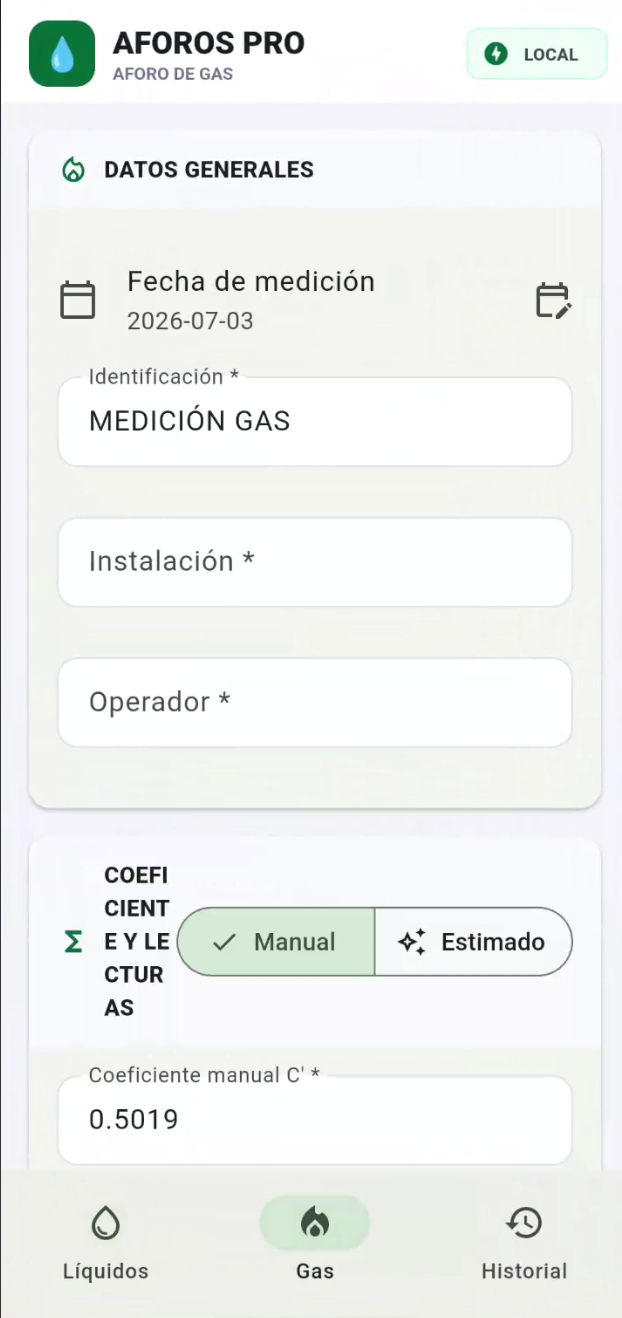 Formulario de Aforos Pro para medición de gas con datos ficticios