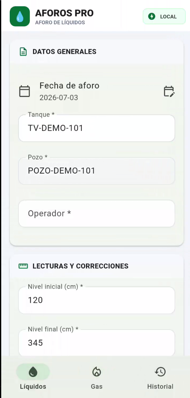 Formulario demostrativo de aforo de líquidos en Aforos Pro