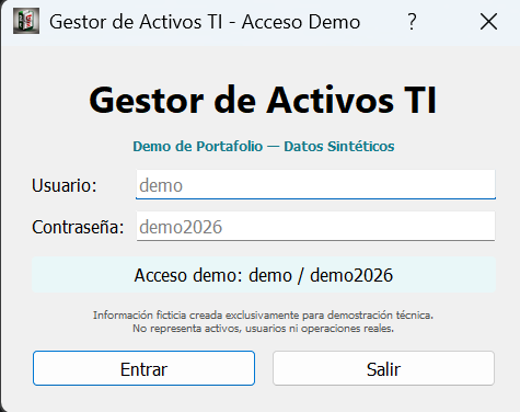 Inicio de sesión demo del Gestor de Activos TI