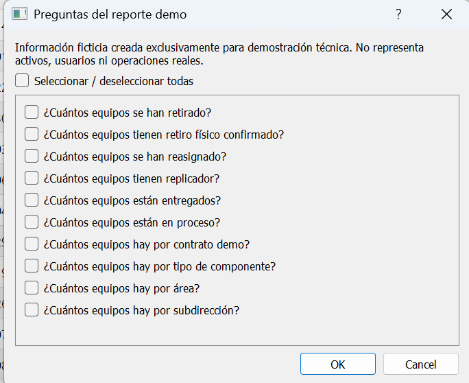 Ventana de selección de preguntas para reporte demo