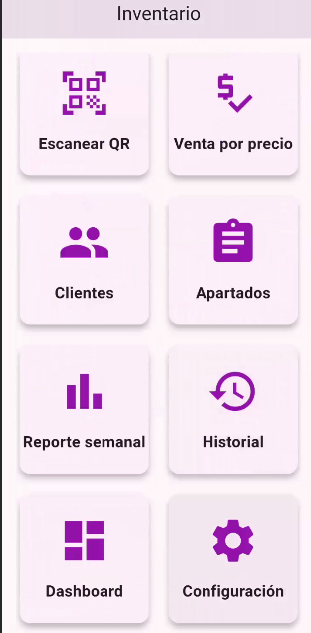 Menú principal de Inventory con módulos de gestión