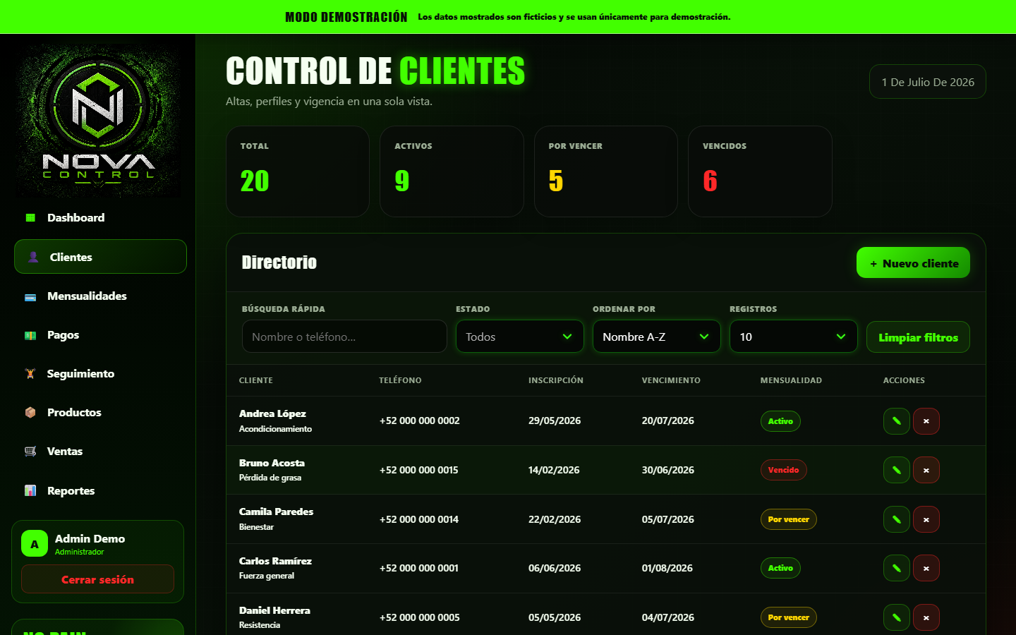 Directorio demostrativo de clientes con filtros y estados