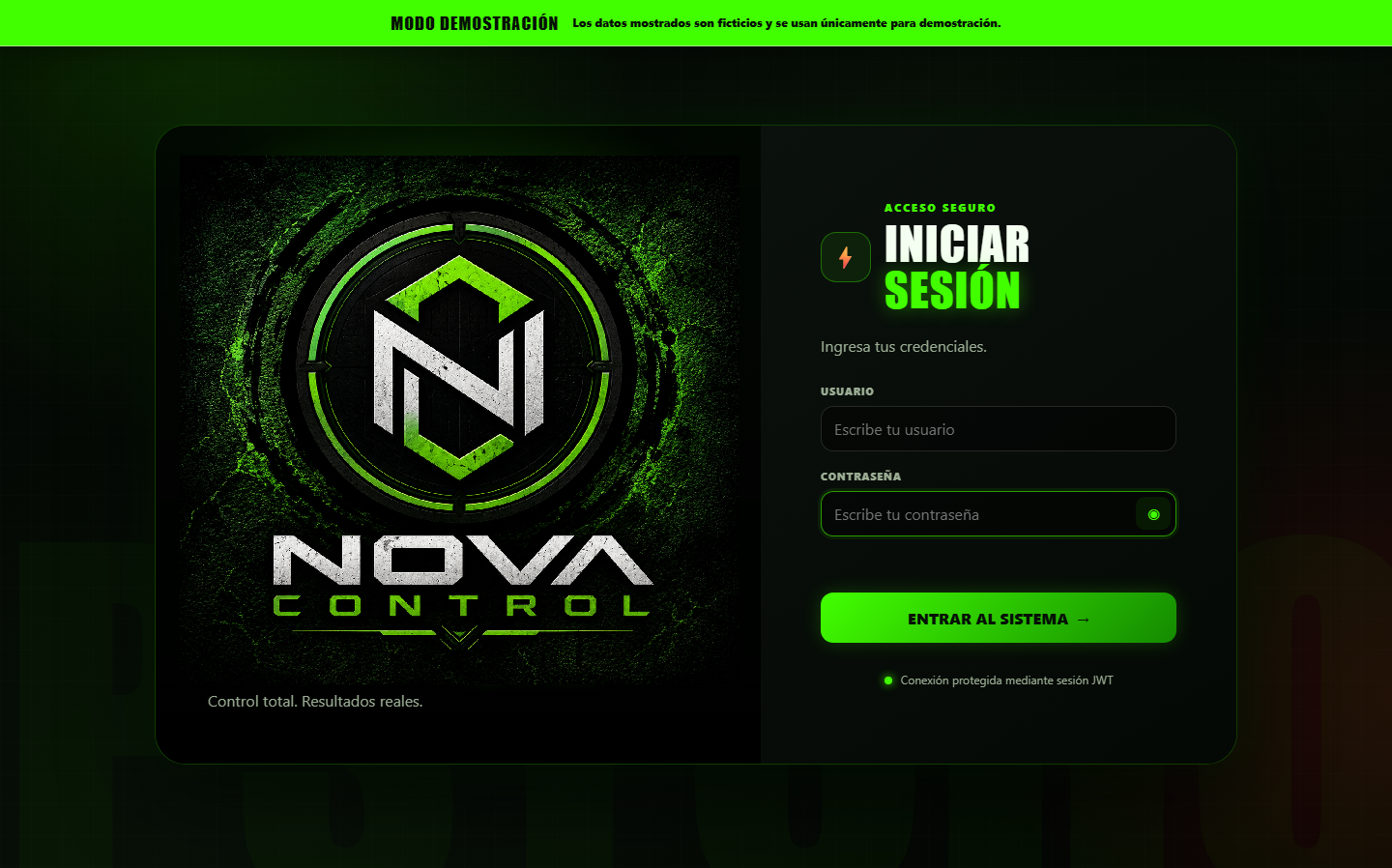 Pantalla demostrativa de inicio de sesión de Nova Control