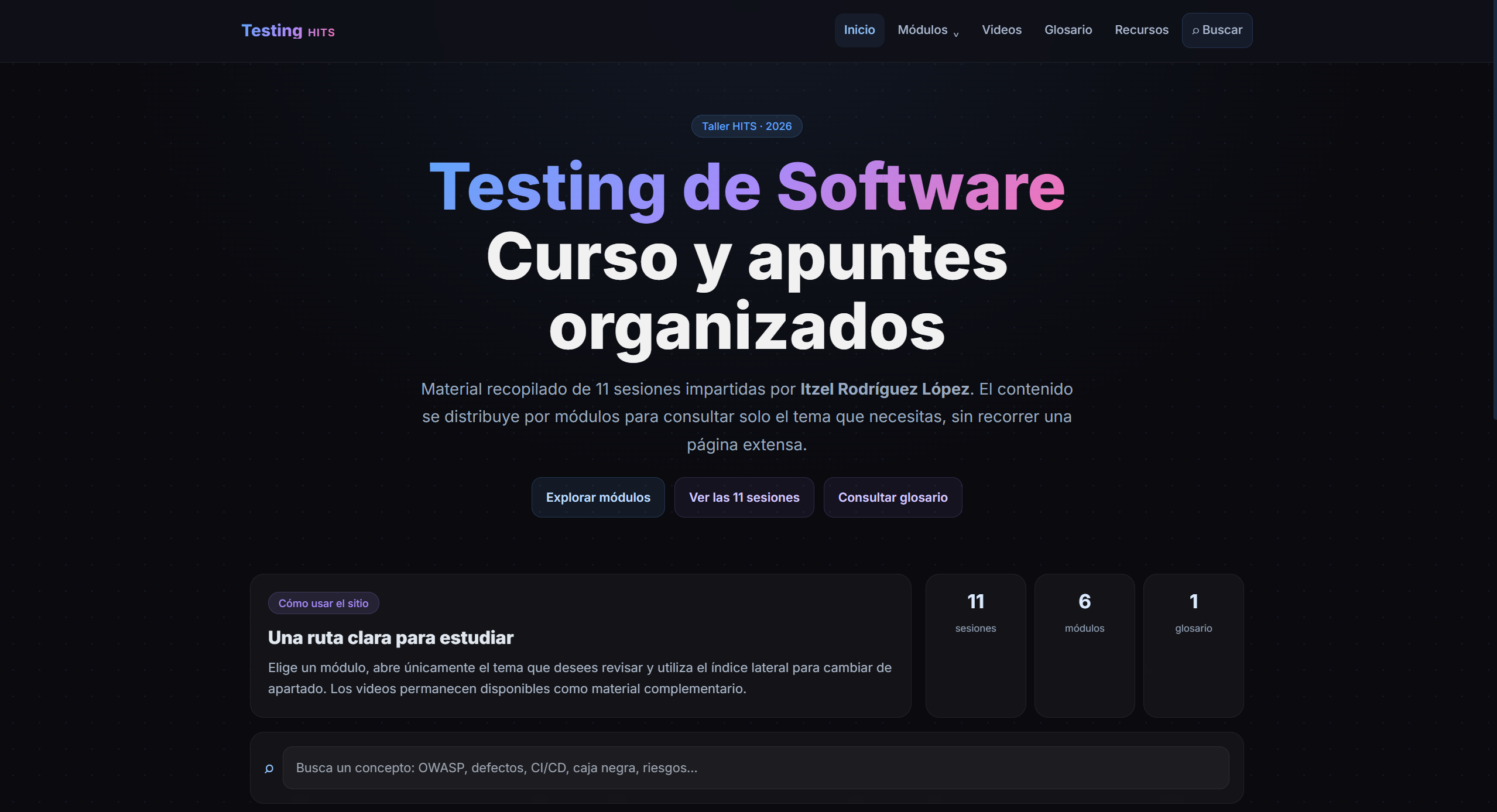 Portada de la plataforma web Taller Testing HITS